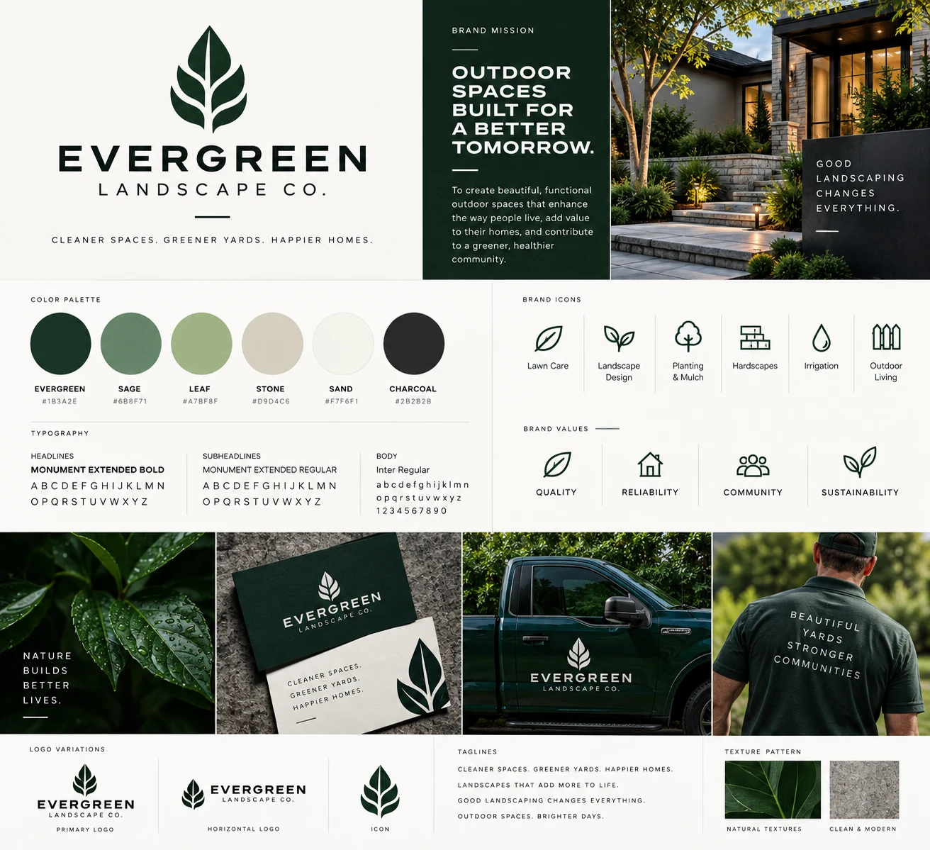 Concept work for Evergreen Landscape Co.: identity board with logo, palette, typography, icons, vehicle, shirt, and business card applications.