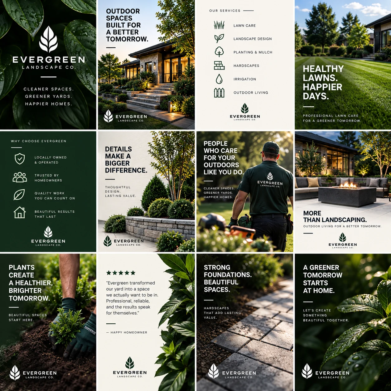 Concept work for Evergreen Landscape Co.: social grid with project imagery, service education, and branded posts.