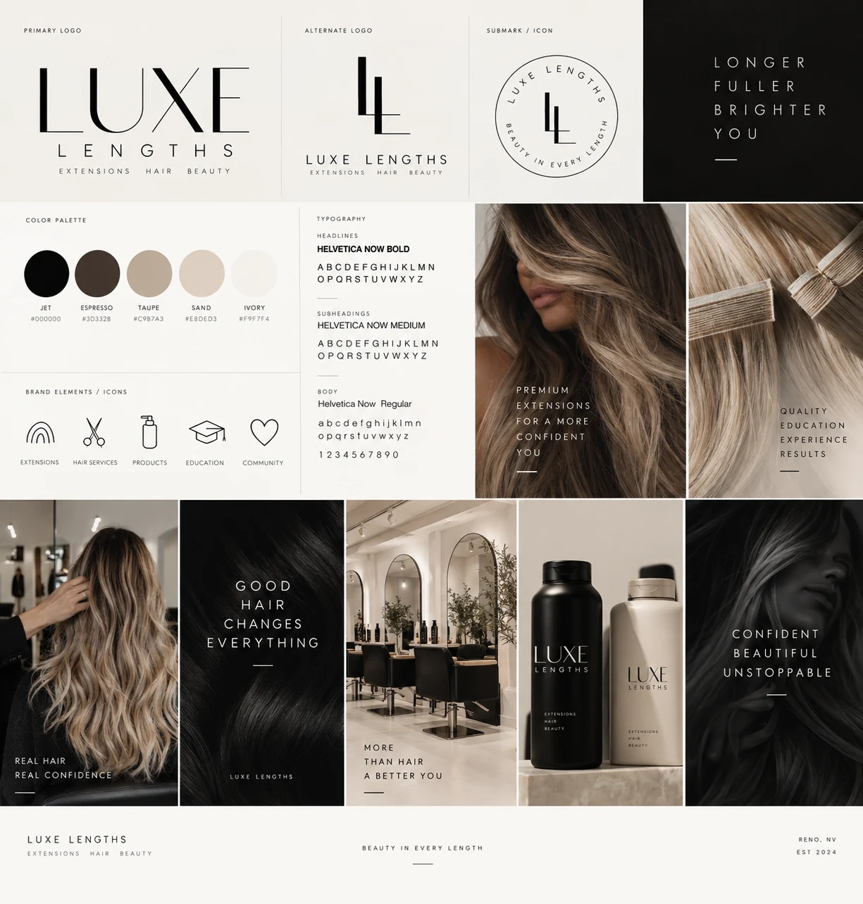 Concept work for Luxe Lengths: identity board with logo, palette, typography, icons, packaging, and salon imagery.
