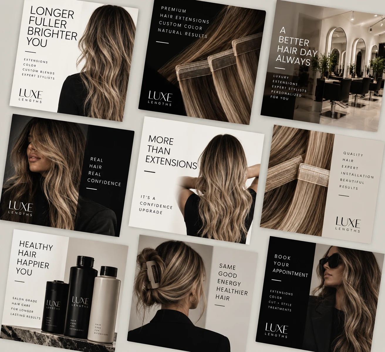 Concept work for Luxe Lengths: angled social grid with hair, salon, product, and education posts.