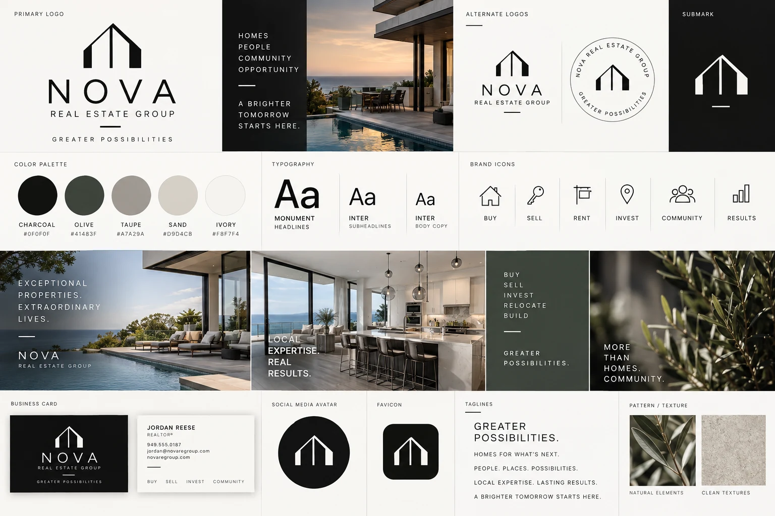 Concept work for Nova Real Estate Group: identity board with logo, palette, typography, icons, business card, and taglines.