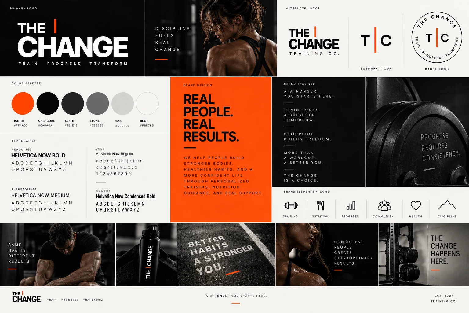 Concept work for The Change Training Co.: identity board with logo, palette, typography, icon system, mission, and taglines.
