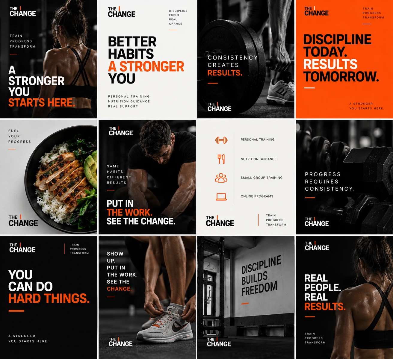 Concept work for The Change Training Co.: social grid with fitness photography, training education, and motivational posts.